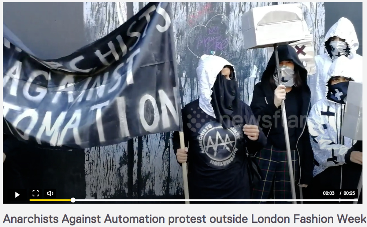 anarchists against automation protest London Fashion week