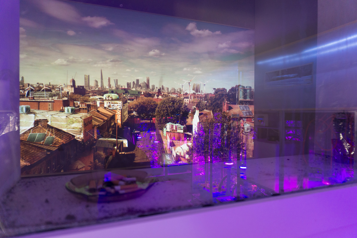 view of London from the immersive Mitigation of Shock installation transporting visitors to a future London where climate change has disrupted global supply chains