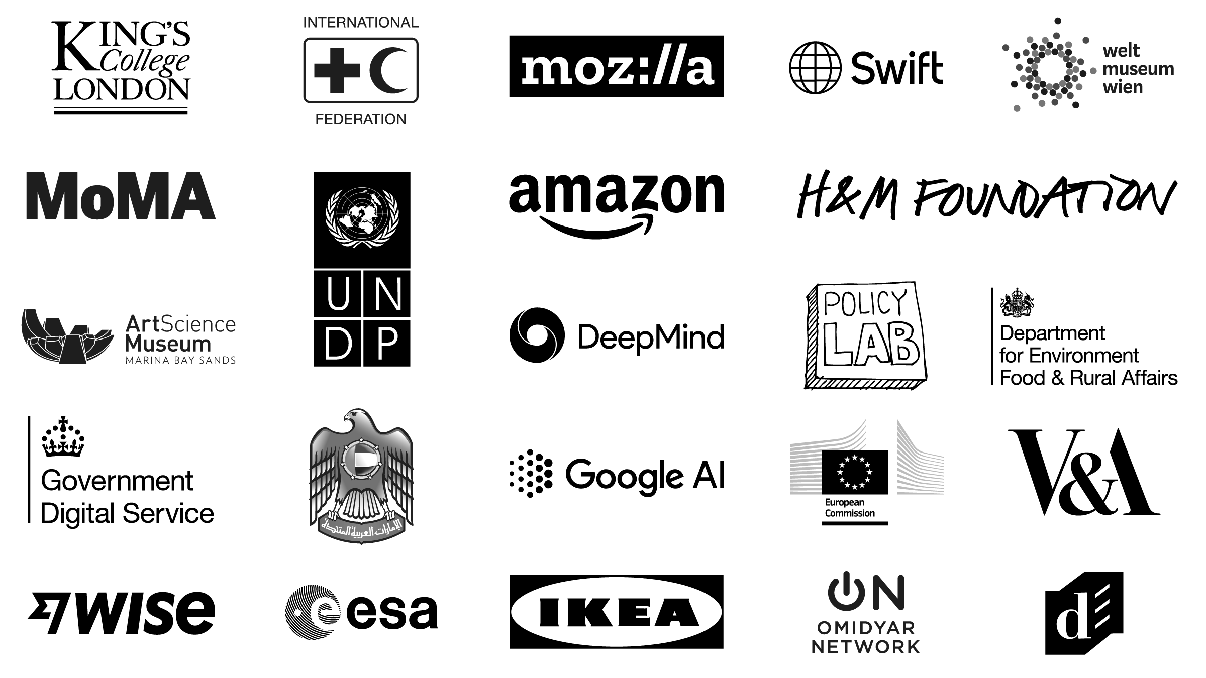 Selected Superflux clients and commissioners, including Google AI, the INGKA Group (IKEA), UK Cabinet Office, UNDP, Museum of the Future Dubai and the United Nations Development Programme